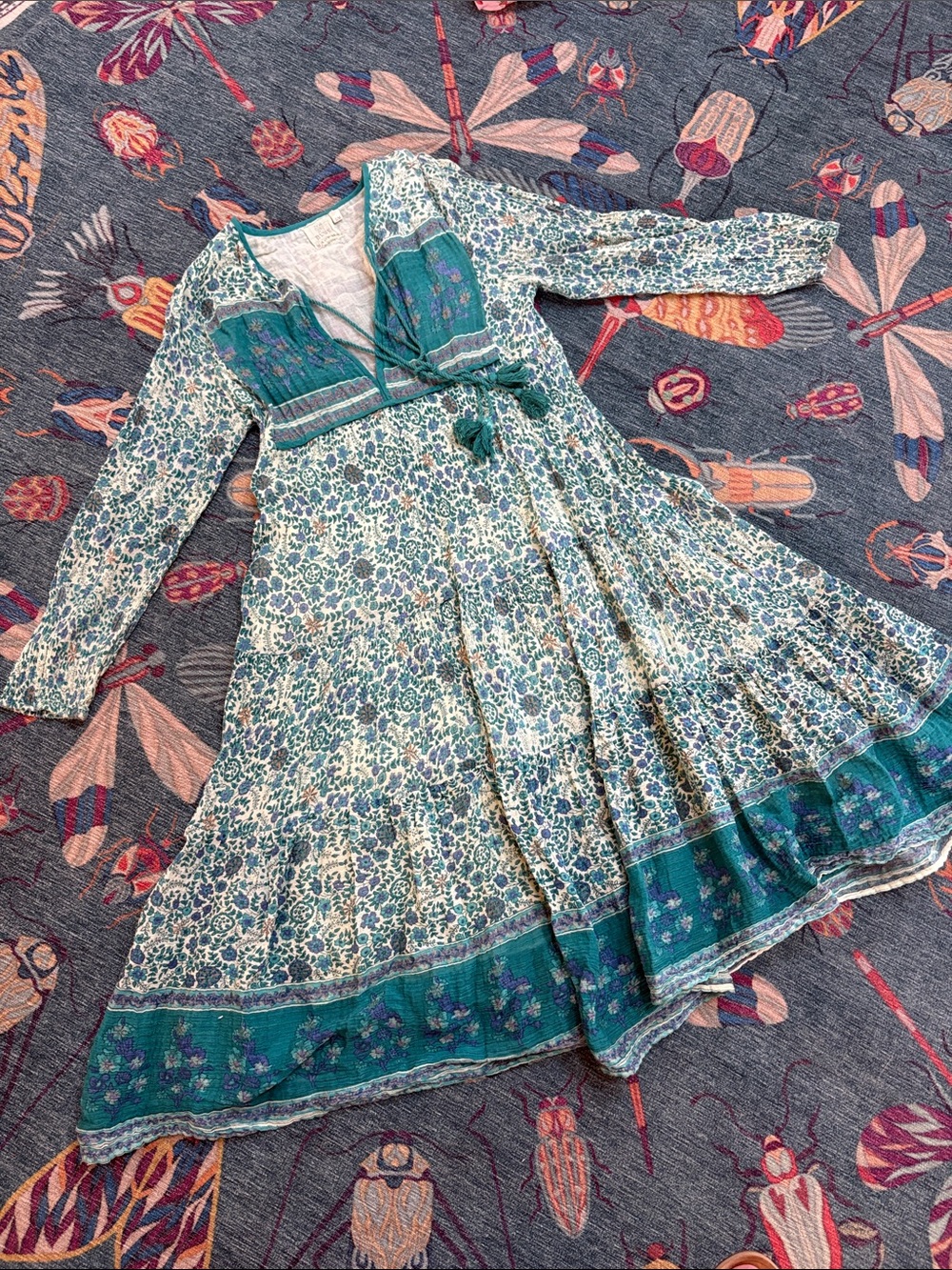 Blue Boheme Boho Naomi Printed Floral Boho Midi Dress - Teal & White S
